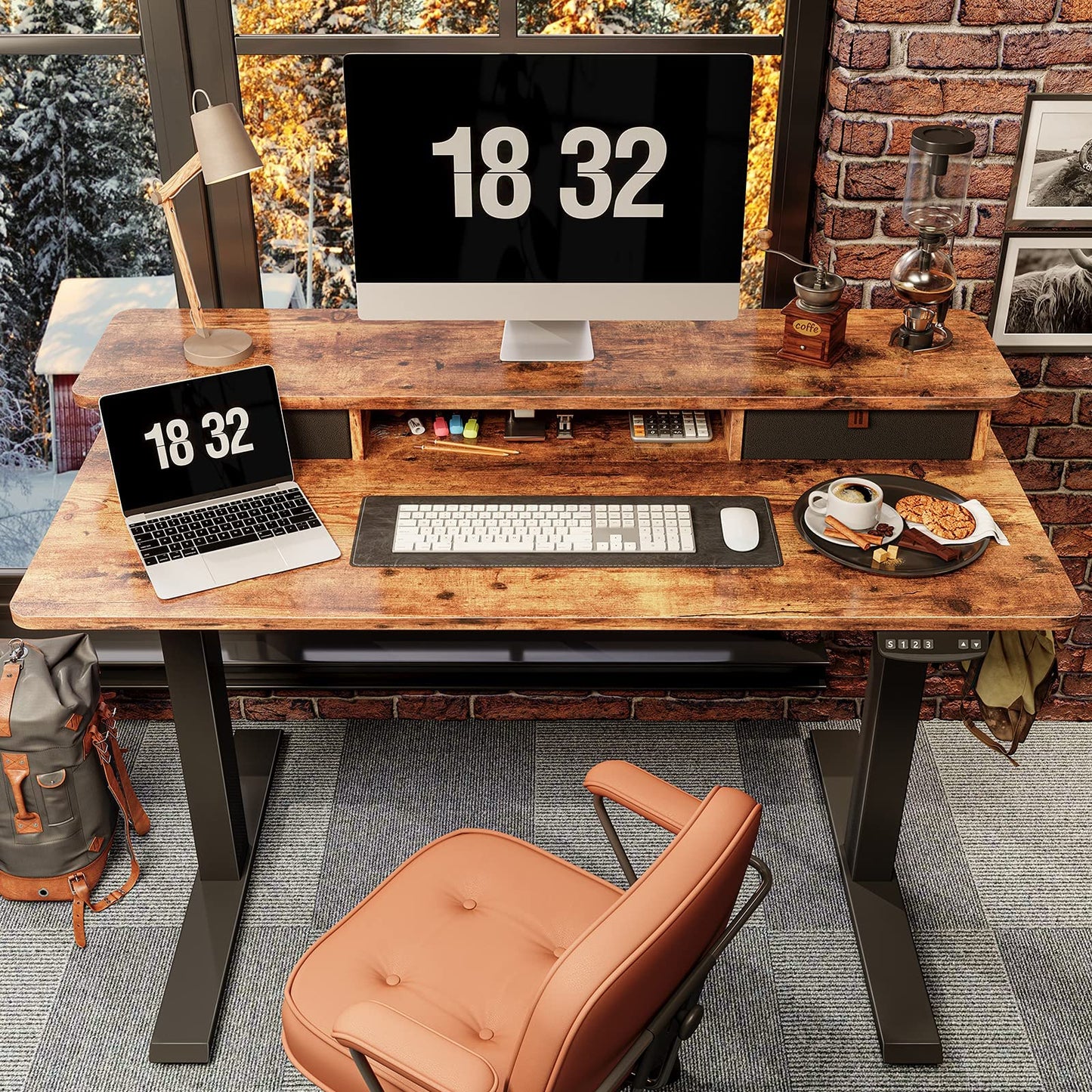 FEZIBO 48 x 24 Inch Height Adjustable Electric Standing Desk with Double Drawer, Stand Up Table with Storage Shelf, Sit Stand Desk, Rustic Brown
