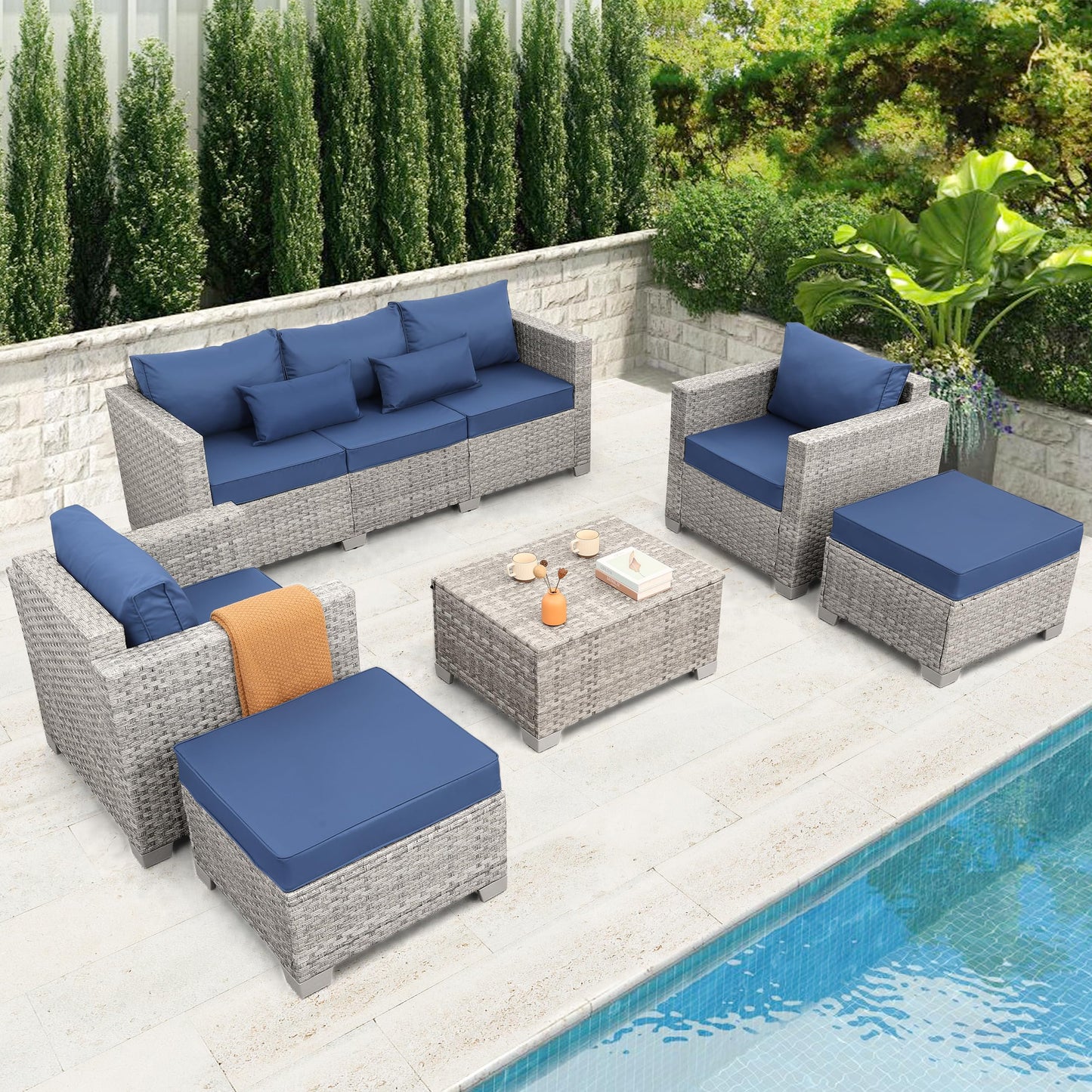 WAROOM Patio Furniture Set 6 Piece PE Rattan Outdoor Conversation Sets Grey Wicker Couch Sectional Sofa with Storage Coffee Table and Navy Blue Cushion