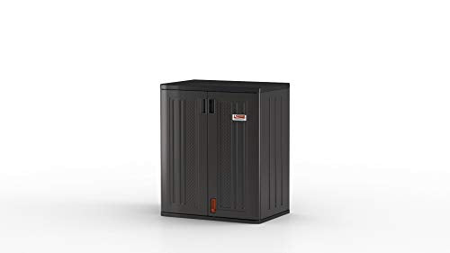 Suncast Heavy-Duty Resin Outdoor Storage Cabinet, 30" W x 20.25" D x 36" H Dark Grey Base Garage Storage Cabinet with Lockable Doors and Metal Reinforced Shelves, Made in The USA