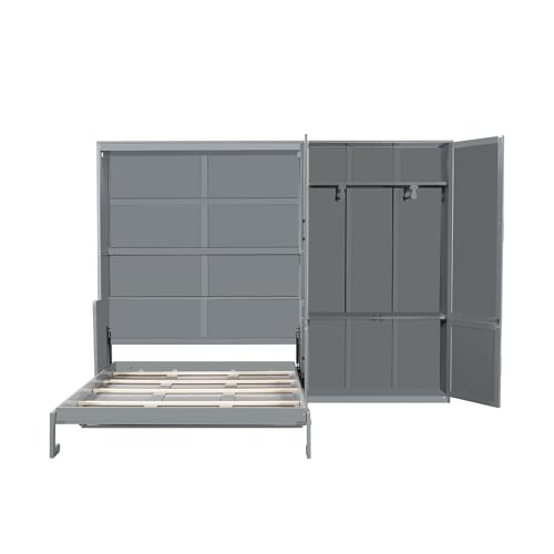 Merax Queen Size Murphy Bed Wall Bed with Closet and Wardrobe Storage for Bedroom,Gray