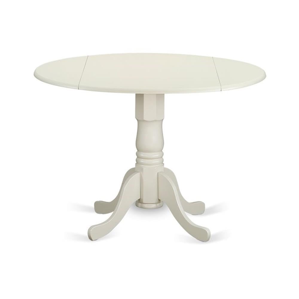 East West Furniture DLBO5-WHI-W 5 Piece Kitchen Table Set for 4 Includes a Round Dining Room Table with Dropleaf and 4 Solid Wood Seat Chairs, 42x42 Inch, Linen White