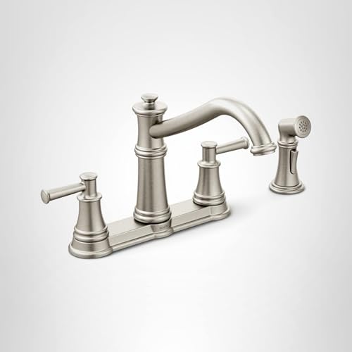 Moen 7255SRS Belfield Traditional Two Handle High Arc Kitchen Faucet with Side Spray, Spot Resist Stainless
