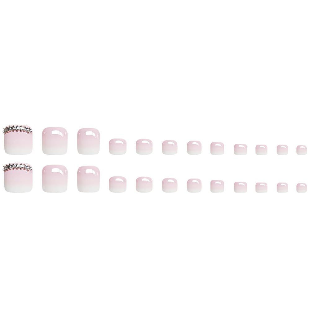 Nude Ombre Press on Toenails Glossy Fake Toe Nails Rhinestone Glue on Toenails Gradient Pink White Acrylic Toe Fake Nails Natural False Toenails Full Cover Stick on Nails for Women Manicure 24pcs