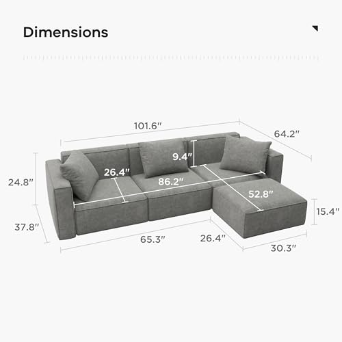 Acanva Luxury Modular Sectional Living Room Sofa Set, Modern Minimalist Style Couch with Ottoman and Chaise, L-Shape, Grey