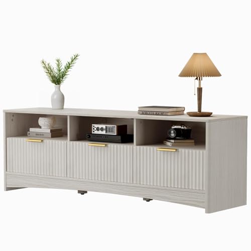 Marsail 59″ Wide TV Stand for TVs Up to 65″, Modern Entertainment Center with Fluted Panels, 3 Easy-Sliding Drawers, Open Shelves & Cable Hole, 3-Tier TV Stands for Living Room & Bedroom, Light Grey