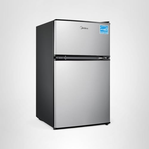Midea WHD-113FSS1 Double Door Mini Fridge with Freezer for Bedroom Office or Dorm with Adjustable Remove Glass Shelves Compact Refrigerator, 3.1 cu ft, Stainless Steel