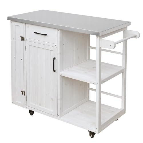 Merax 40.5" Outdoor Grill Cart Table with Storage Cabinet & Stainless Steel Top, Fir Wood Outdoor Kitchen Island on Lockable Wheels, Built-in Towel & Spice Racks for Patio BBQ Food Prep, White