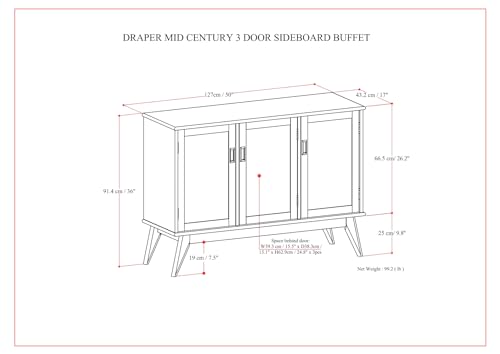 SIMPLIHOME Draper Buffet - 50 inch Wide Solid Hardwood 3-Door Sideboard Buffet in Teak Brown, Mid-Century Modern Cabinet for Dining Room or Kitchen with Adjustable Shelves and Tapered Legs