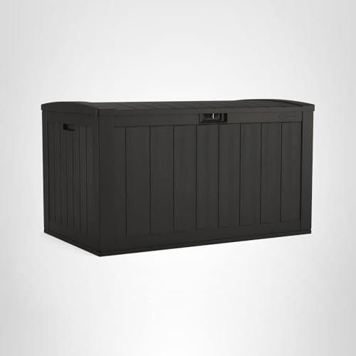 Suncast 134-Gal. Resin Extra-Large Outdoor Patio Deck Box with Pad-Lockable Lid, Modern Outdoor Patio Bench/Storage Box for Cushions, Garden Tools, and More, Iron Ore