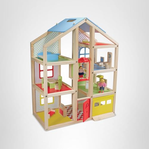Melissa & Doug Hi-Rise Wooden Dollhouse with 15 pcs Furniture - Garage and Working Elevator