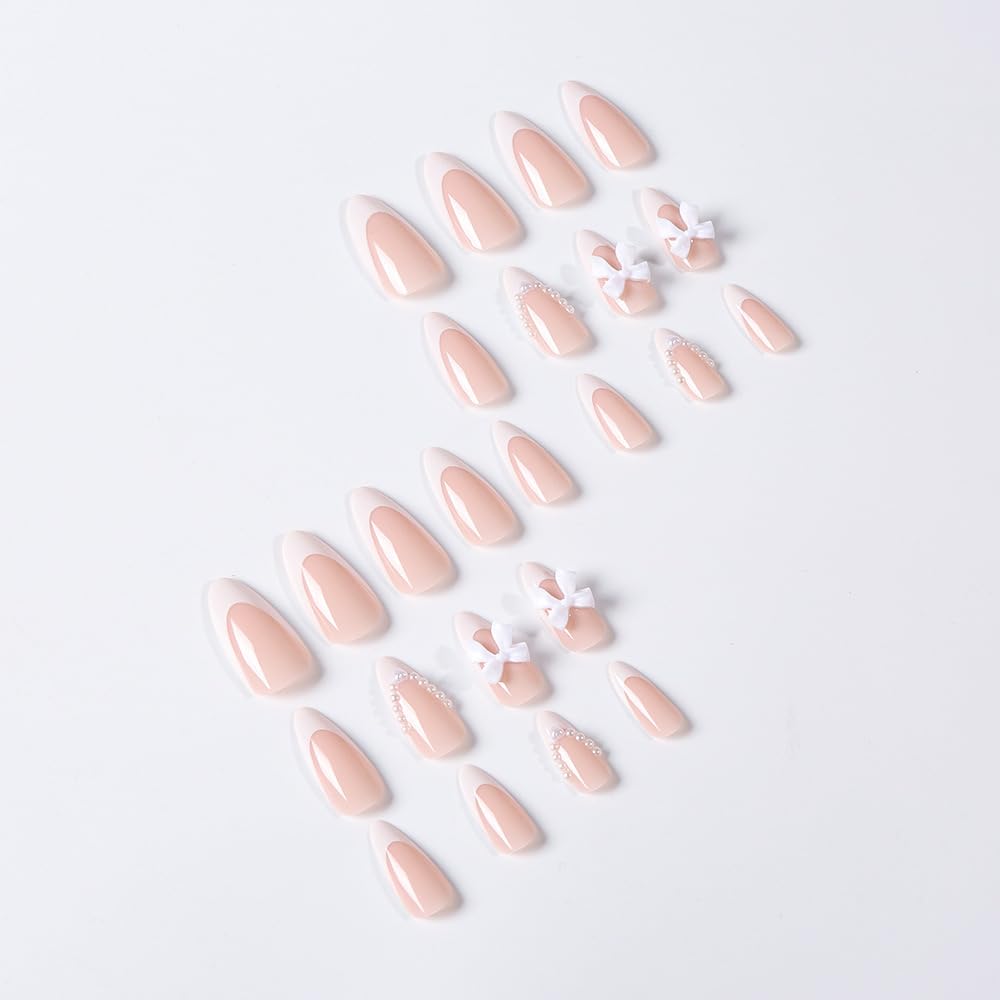 Almond Press on Nails Medium Fake Nails White French Tip False Nails with 3D Bow Charms Design Glue on Nails Pearl Full Cover Stick on Nails Elegant Artificial Nails for Women Manicure 24Pcs