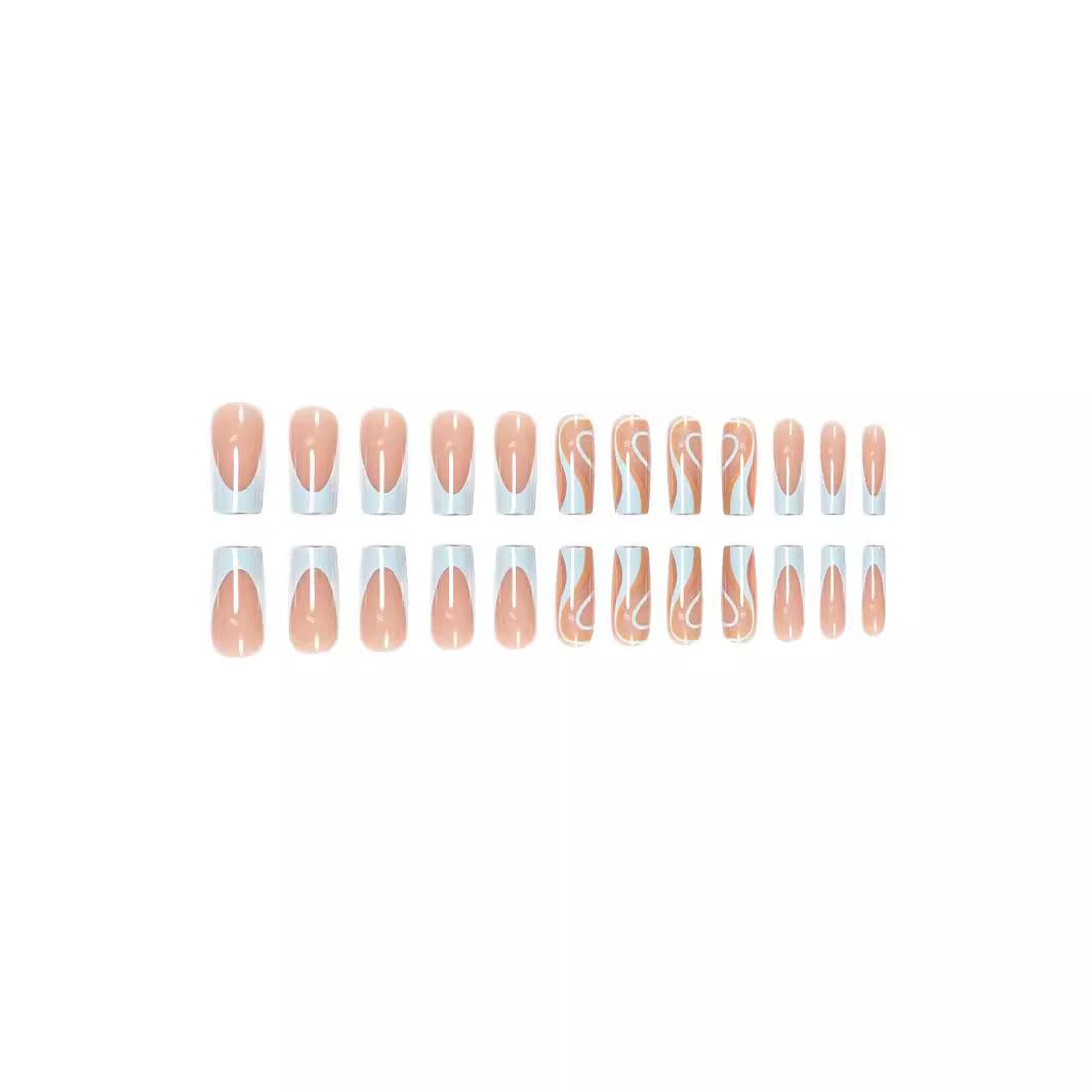 CTTHNBD Medium Press on Nails Square & Press on Toenails Set, Blue French Tip Fake Nails with Swirl Design - for Women 48 Pcs