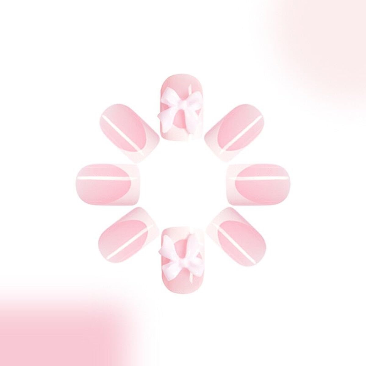 White French Tip Press on Nails Medium - Square Fake Nails with Pink Bow Design - Cute Full Cover Stick on False Nails for Women 24 Pcs