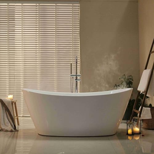67" Luxury Freestanding Bathtub - Deep Soak Acrylic Tub for Master Bathroom, Modern Standalone Shower Tub with Overflow Drain, Non-Slip Flat Bottom Design, Spa Experience at Home,cUPC Certified