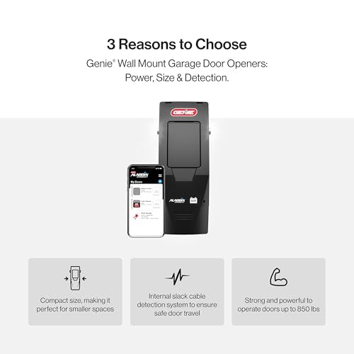 Genie B6172H Wall Mount Smart Garage Door Opener, DC Motor Lifts up to 14ft high 850lbs, Black
