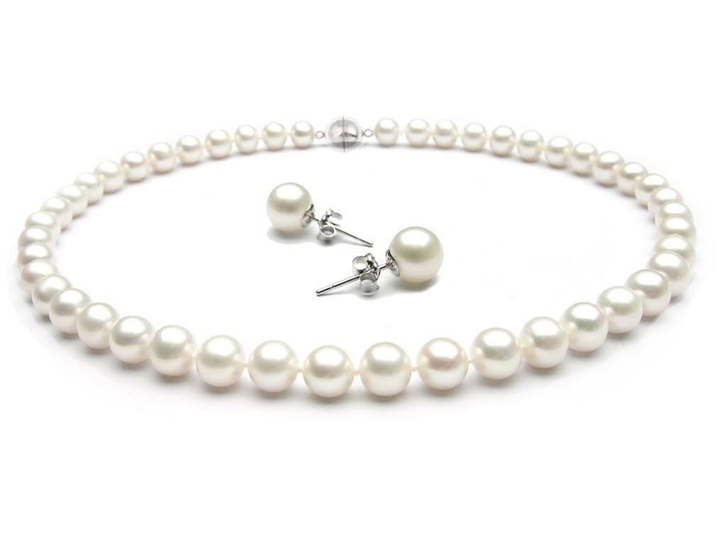 Elegant White Freshwater Pearl Necklace and Earring Set for Women, AA Grade 8-9mm and 7mm Stud Earrings, Elegant Pearl Jewelry Gift Set (22 IN)