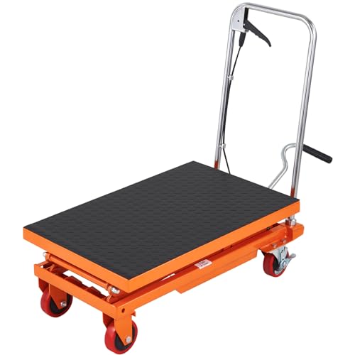 VEVOR Hydraulic Lift Table Cart, 330lbs Load Capacity 50 Inch Lifting Height, Manual Single Scissor Lift Table with Non-Slip Pad and 4 Wheels, Alloy Steel, Orange