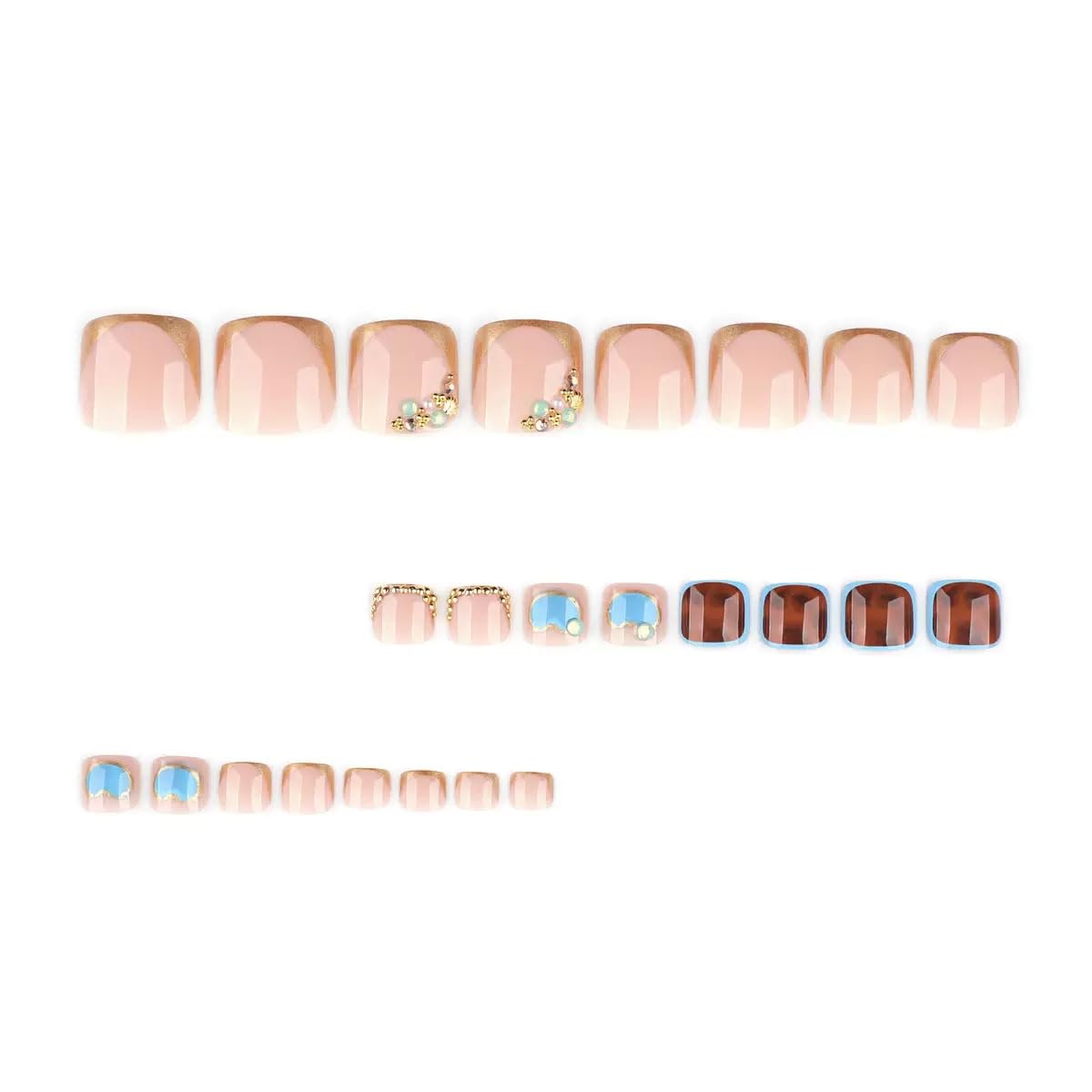 CTTHNBD Press on Toenails - Gold French Tip Fake Toenails with Leopard Print Design - Rhinestone, Summer Press on Toe Nails - for Women 24 Pcs