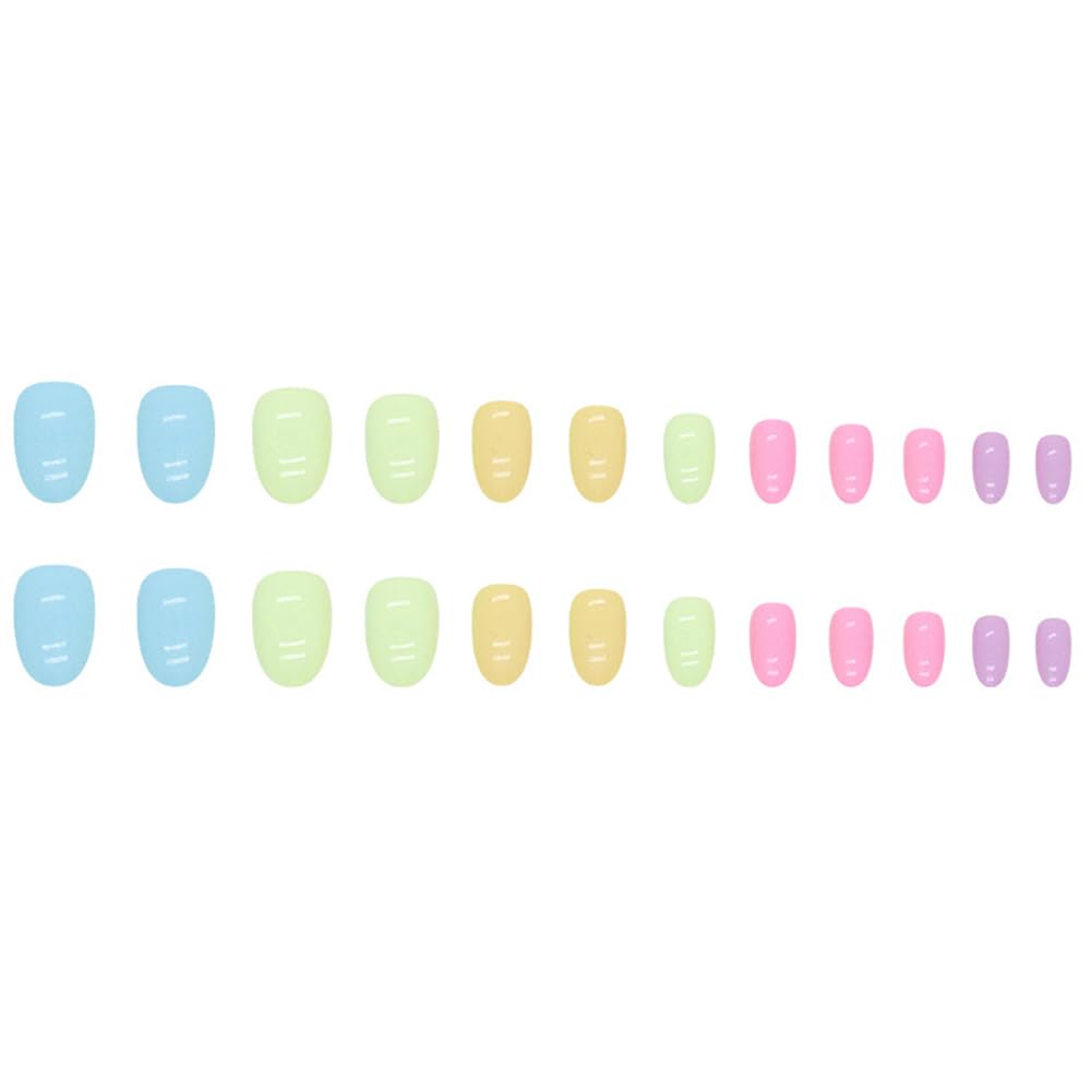 Short Fake Nails - Acrylic Press Ons, Almond Squoval Glossy False Nails with Multi-Color Rainbow Designs - 24 Pcs