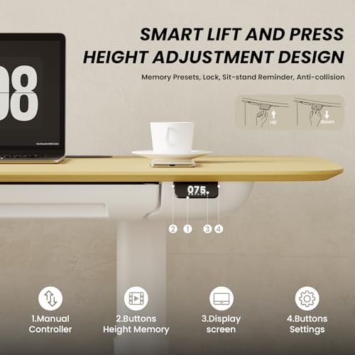 COLAMY Electric Adjustable Standing Desk – 48 x 28 Inch Sit Stand Desk with Drawer & Cable Management, Dual Motor Lift System, Ergonomic Footrest, Home Office Table (Veneer Desktop, Oak + White)