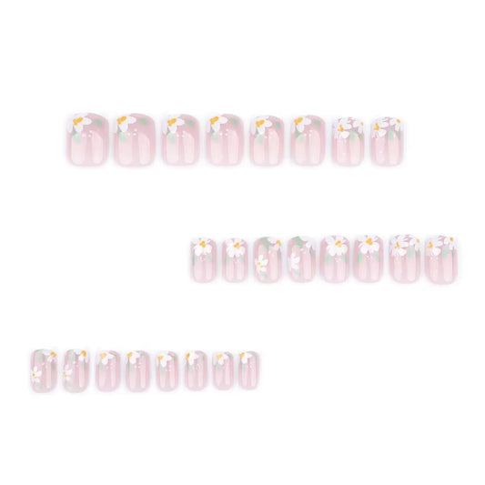 Short Press on Nails Square - Cute Fake Nails with Flower Leaf Design - Spring Full Cover Stick on False Nails for Women - 24 Pcs