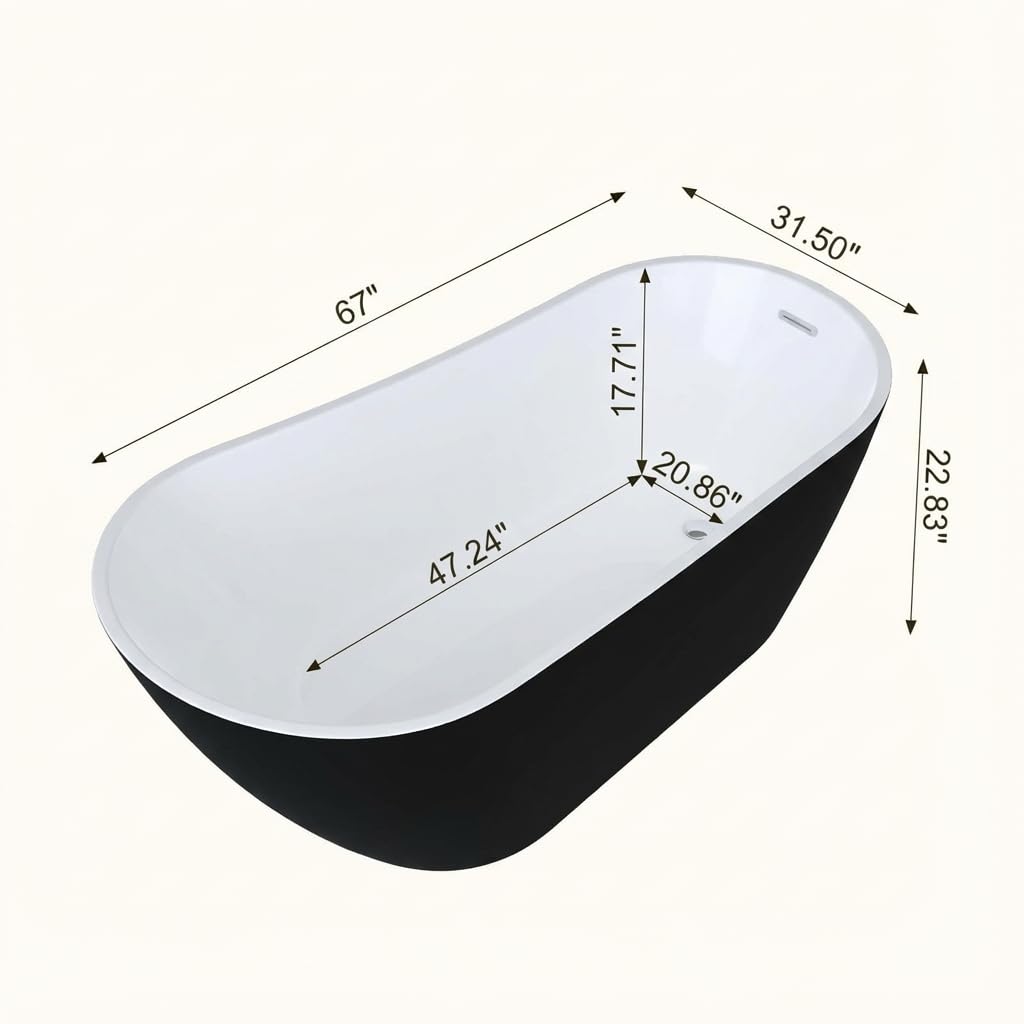 67" Freestanding Acrylic Bathtub, Deep Soaking Tub with Non-Slip Base & Chrome Drain, cUPC Certified, Easy Install, Space-Saving Bathtub, Modern Tub for Bathrooms, Black Upturned