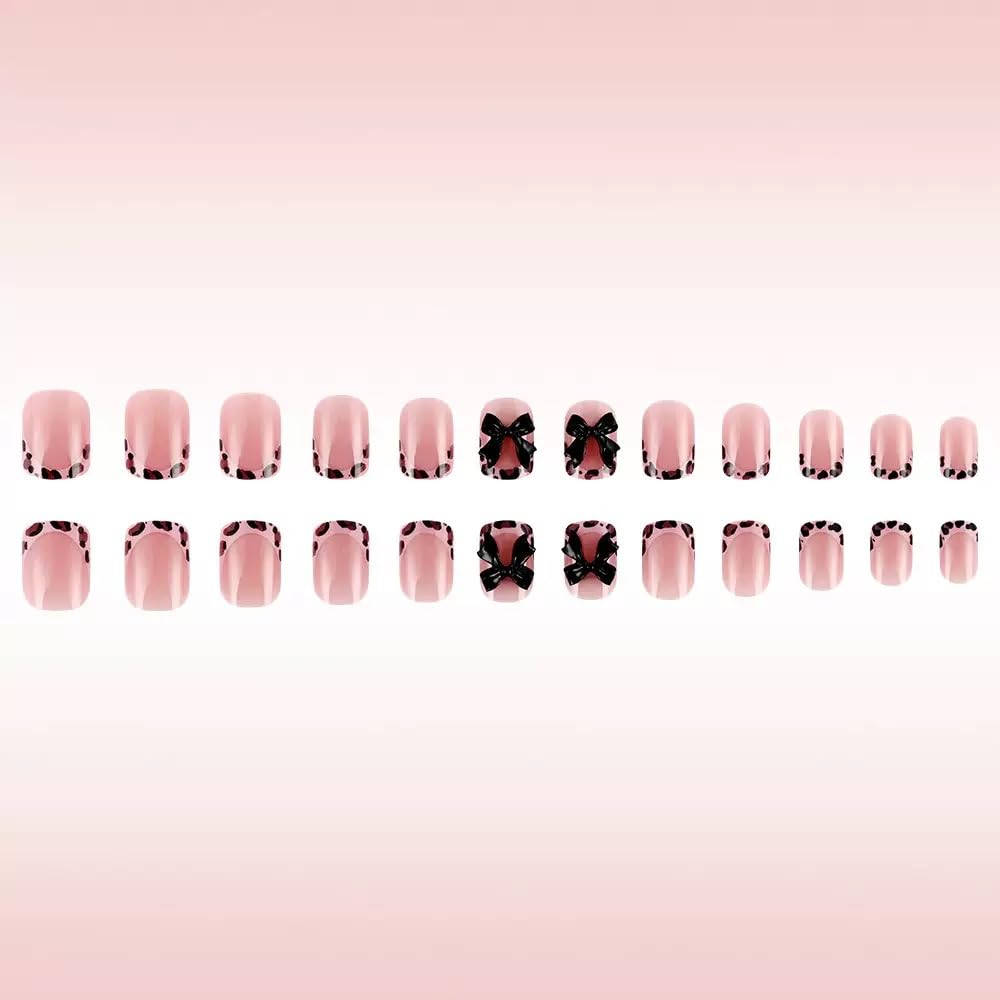 CTTHNBD Short Press on Nails Square - French Tip Fake Nails with Black Bow Design - Leopard Print False Nails for Women 24 Pcs
