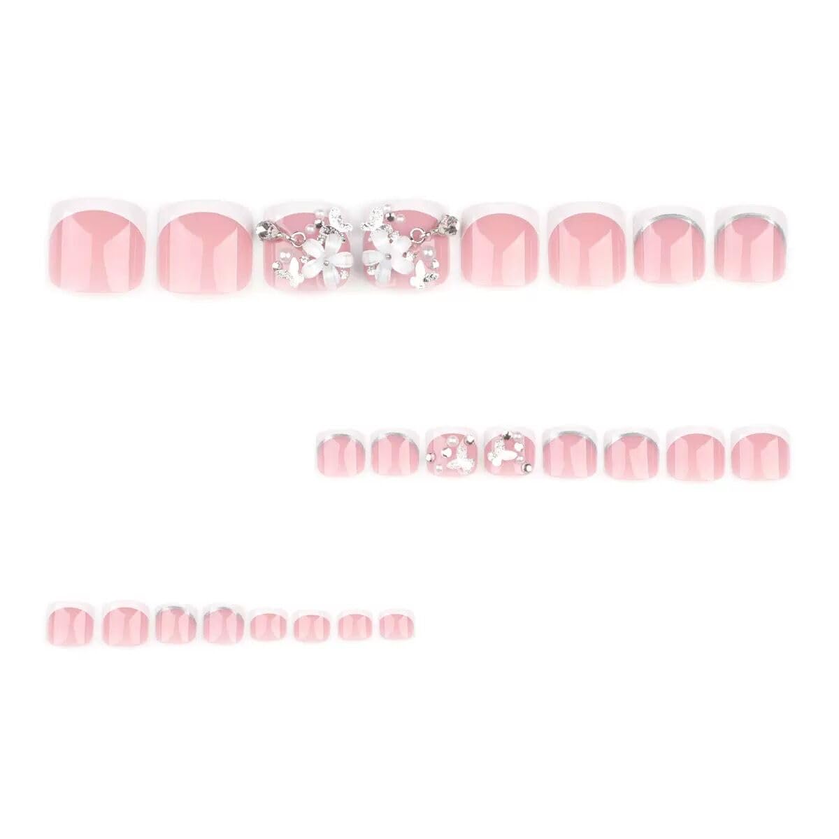White French Tip Press on Toenails - Short Square Fake Toenails with Flower Design - Rhinestone, Summer Press on Toe Nails - for Women 24 Pcs