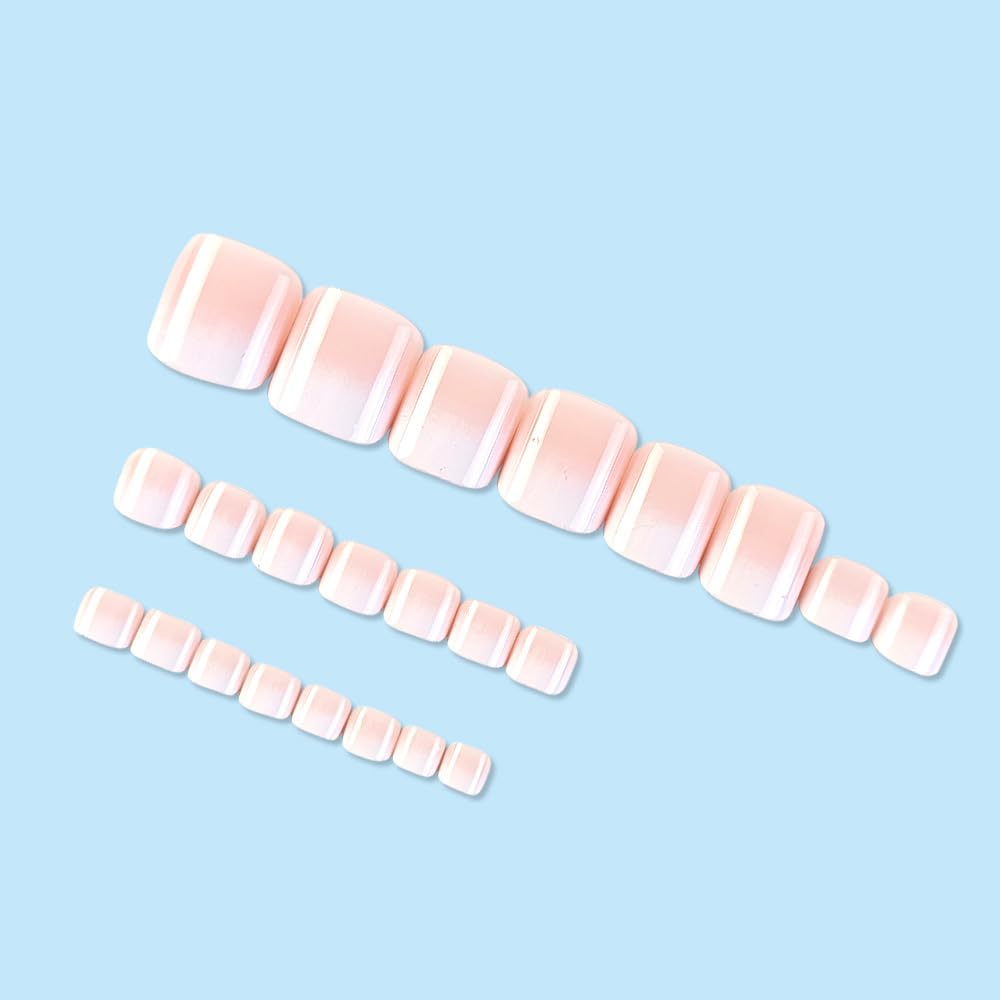 Ombre Press on Toenails Nude Pink Glossy Fake Toe Nails Gradient Acrylic Glue on Toenails Summer Toe Fake Nails Natural False Toenail White French Full Cover Stick on Toenail for Women 24pcs