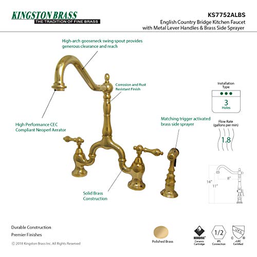 Kingston Brass KS7752ALBS English Country Bridge Kitchen Faucet, Polished Brass, 8 x 8.25 x 14.5