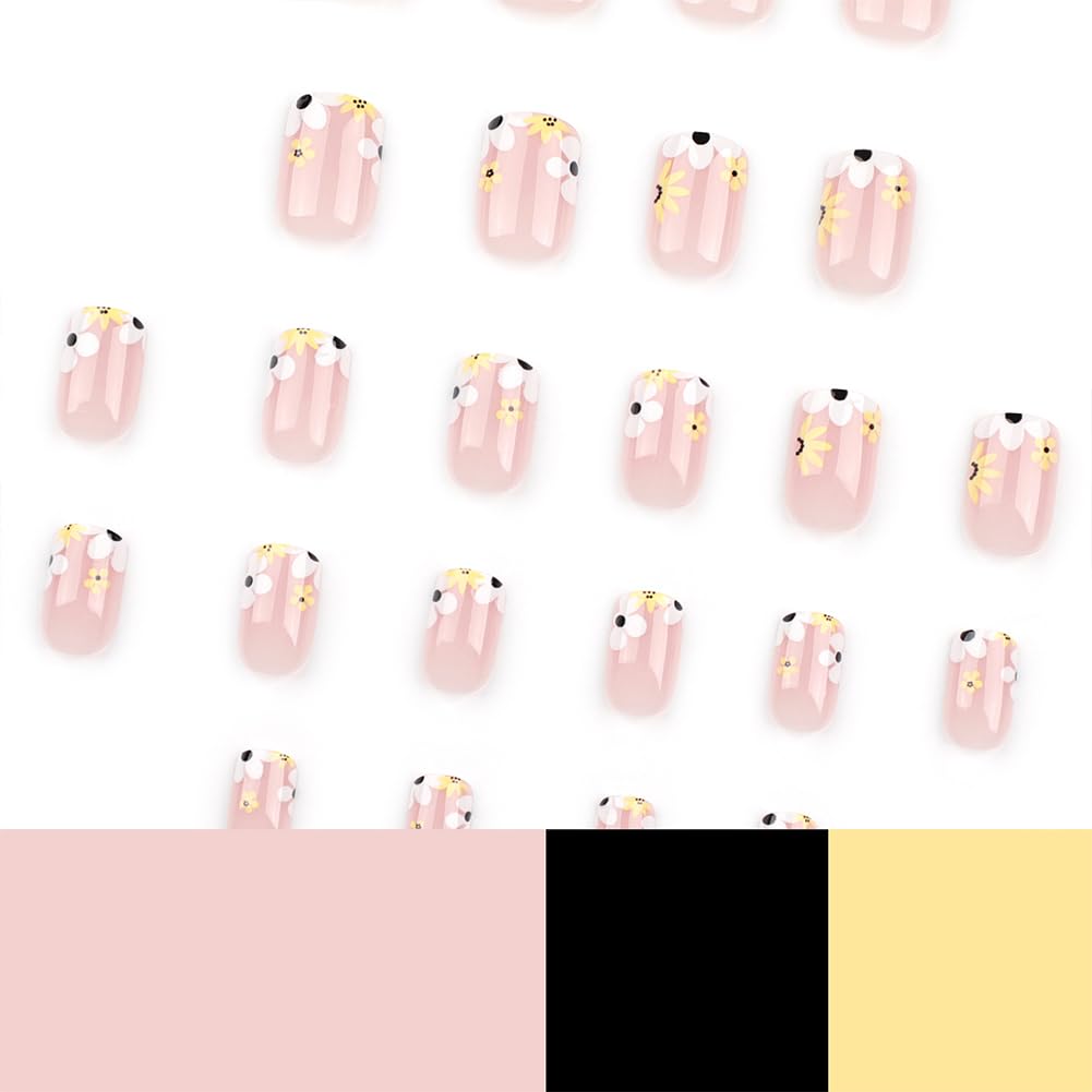 Press On Nails Short, Acrylic Nails Press on, Short Square Press on Nails Fake Nails Glossy False Nails with Flowers French Tip Nails Press ons Designs Artificial Nails Stick on Nails for Women 24Pcs