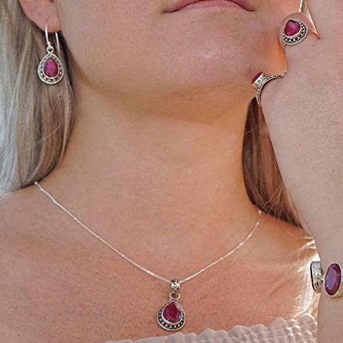Sivalya AMALFI Raw Ruby Necklace and Earring Set in Solid Silver - Jewelry Set for Women in 925 Sterling Silver - Natural Pear Stones - Raw Ruby Gemstone Jewelry- Gift Packaging Included