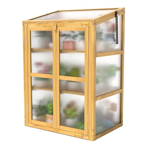 HOOYEAH Wooden Cold Frame Greenhouse, Small 3-Tier Greenhouse Cabinet with Adjustable Shelves & Flip-Top Ventilated Roof for Outdoor and Indoor Use