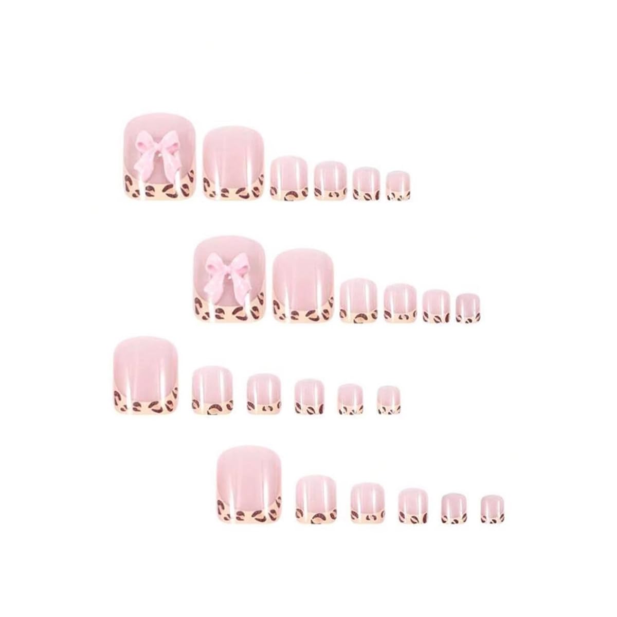 Leopard Print French Tip Press on Toenails Short Square Fake Toenails Summer False Toe Nails Glossy Acrylic Toenail with Cute 3D Pink Bow Design Full Cover Stick on Toe Nail for Women Manicure 24pcs