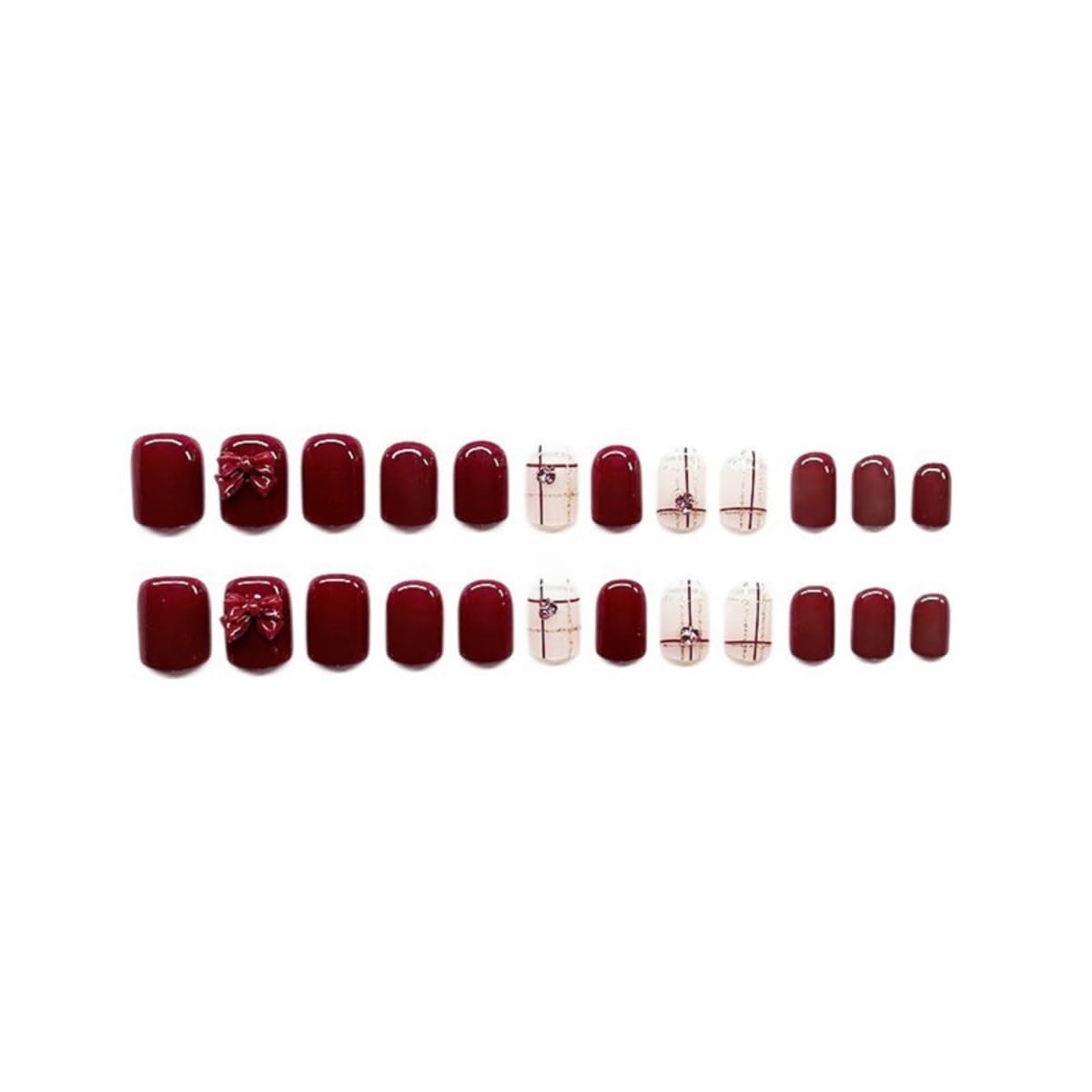 OCTOSWAVE Press on Nails Square Short Fake Nails Red Artificial Nail with Rhinestones and Bow Stick on Nail for Women 24pcs