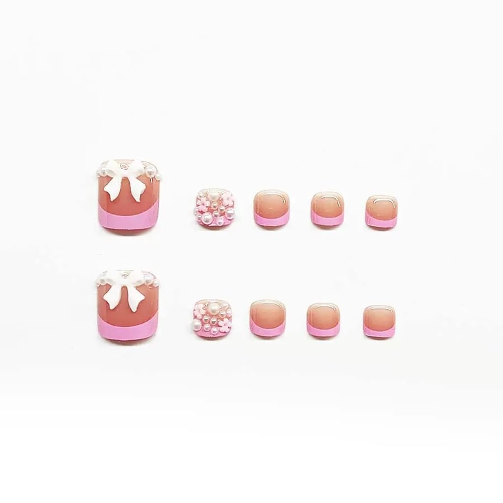 CTTHNBD Pink Press-on Toenails Short Square French Tip 3D Flower Bow Design False Toe Nails 24Pcs