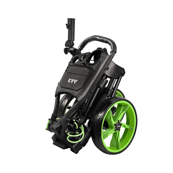 KVV 3 Wheel Foldable/Collapsible Golf Push Cart Ultra Lightweight Smallest Folding Size, New-Version Scorecard Holder Umbrella Holder Included(Black/Lime)
