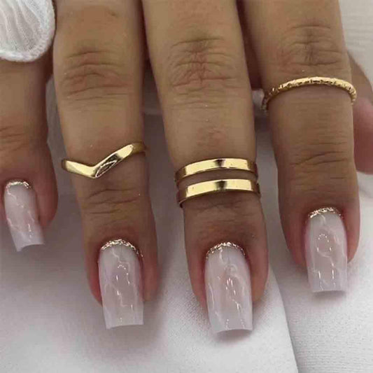 Foccna French Tip Press on Nails Medium, Pink Fake Nails Square Luxury Acrylic False Pink Marble Nails,Artificial Rhinestone Nails for Women and Girls,24 pcs