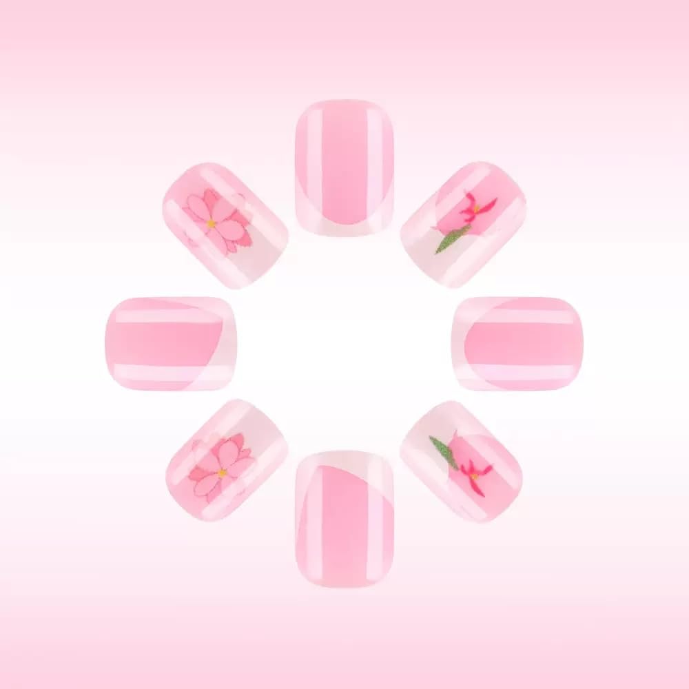 CTTHNBD Press on Nails Square - Short Fake Nails with Pink Flower Design - White French Tip False Nails Press ons - for Women 24 Pcs