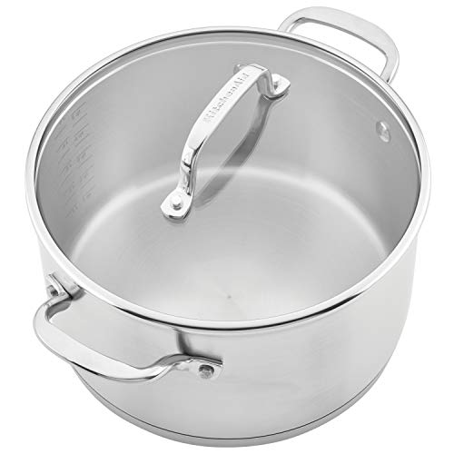 KitchenAid 3-Ply Base Brushed Stainless Steel Induction Pots and Pans Set with Nonstick Round Grill Pan and Lids, Dishwasher Safe, 10 Piece Cookware Set, Brushed Stainless Steel
