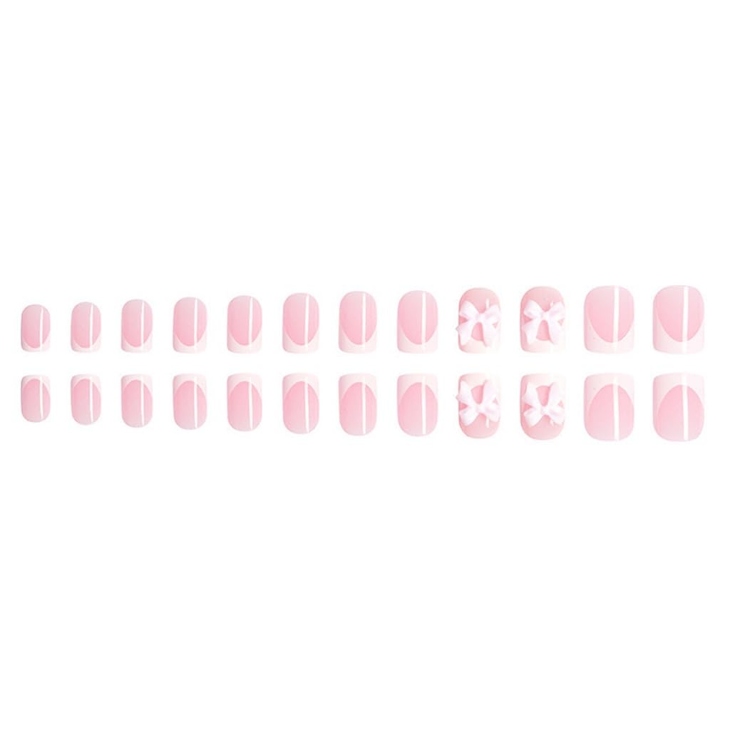 White French Tip Press on Nails Medium - Square Fake Nails with Pink Bow Design - Cute Full Cover Stick on False Nails for Women 24 Pcs