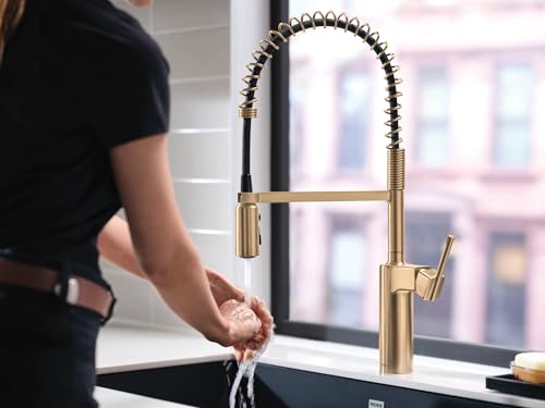 Moen Inara Bronzed Gold Spring Pulldown Kitchen Faucet with Pre-Rinse and Power Boost, Modern Kitchen Faucet, One-Handle Easy Installation, 87863BZG