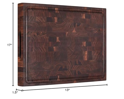 AZRHOM Large End Grain Walnut Wood Cutting Board 17x13x1.5 in Thick Butcher Block for Kitchen with Non-slip Mats Juice Groove & Handles (Gift Box)