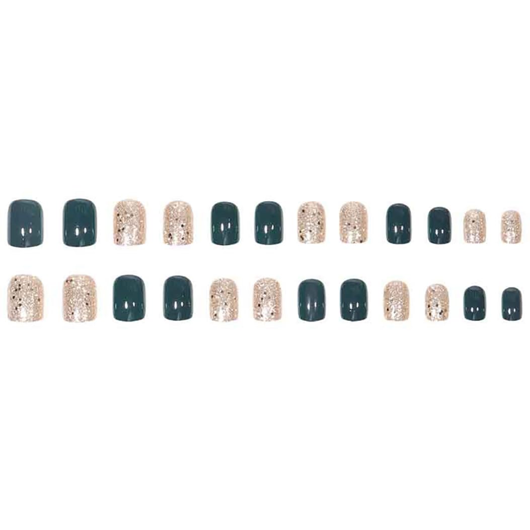 RikView Square Press On Nails - Short Fake Nails with Glitter Design, Glossy Finish - Green, 24 PCS