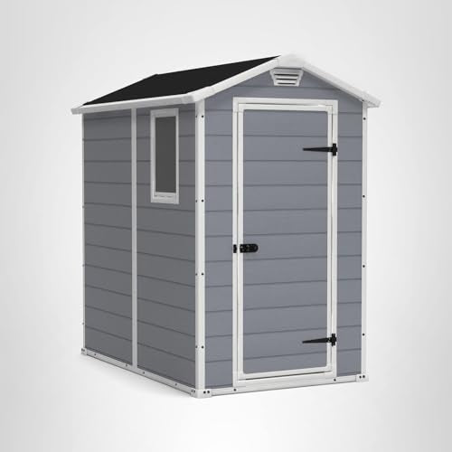 Keter Manor 4x6 Resin Outdoor Storage Shed Kit-Perfect to Store Patio Furniture, Garden Tools Bike Accessories, Beach Chairs and Lawn Mower, Grey & White