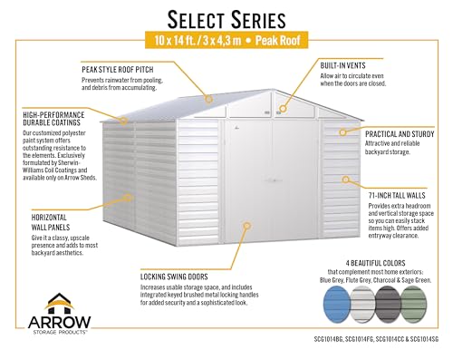 Arrow Shed Select 10' x 14' Outdoor Lockable Steel Storage Shed Building, Blue Grey