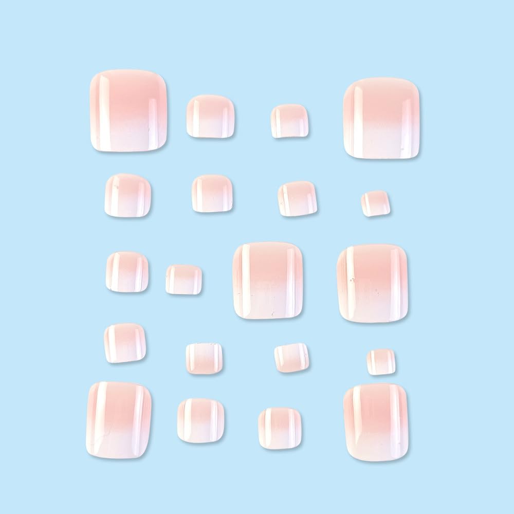 Ombre Press on Toenails Nude Pink Glossy Fake Toe Nails Gradient Acrylic Glue on Toenails Summer Toe Fake Nails Natural False Toenail White French Full Cover Stick on Toenail for Women 24pcs