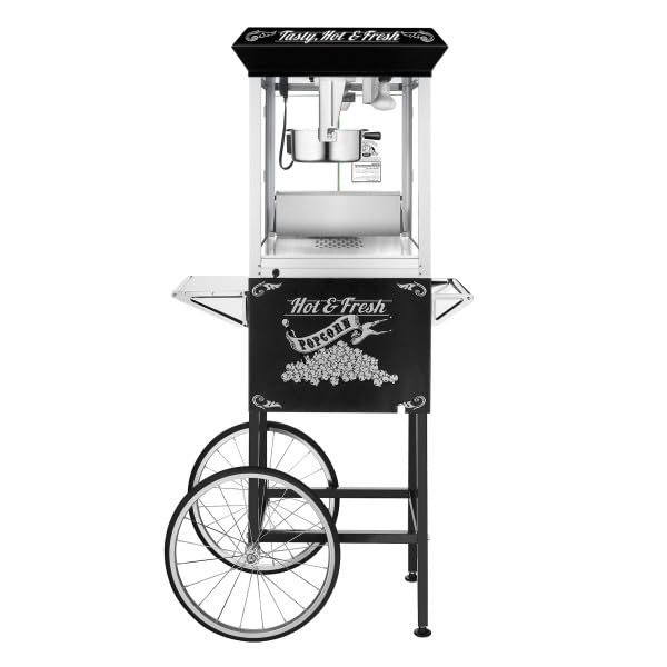 Popcorn Machine with Cart – 8oz Popper with Stainless-steel Kettle, Heated Warming Deck, and Old Maids Drawer by Superior Popcorn Company (Black)
