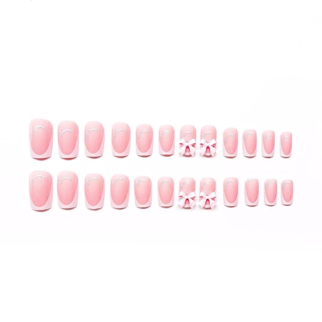 CTTHNBD Medium Press on Nails & Square Press on Toenails, White French Tip Fake Nails with Bow Design - for Women 48 Pcs