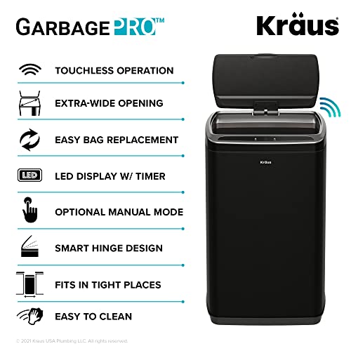 Kraus GarbagePro Rectangular 13 Gallon Hands-Free Motion Sensor Trash Can Battery Operated in Matte Black Finish with SoftShut Touchless Lid, KTCS-10MB